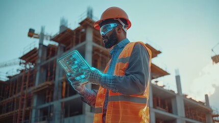 Smart Construction Project management system concept, Engineer using a digital tablet on a construction site