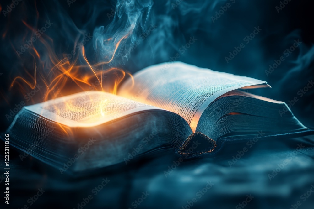 Poster A dramatic illustration of a dark library where a single open book glows brightly, casting light on the clear and organized text within