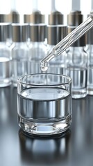 Clear liquid flows into a beaker with multiple glass flasks nearby, set against a dark blue-grey gradient backdrop