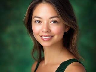 Fototapeta premium Portrait of a young woman smiling against a green backdrop showcasing her natural beauty and warm expression in a serene setting