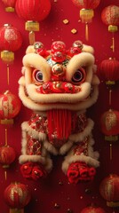 Fototapeta premium A Fluffy Lion Dance Costume Hangs Amidst Vibrant Red Chinese Lanterns, Celebrating Lunar New Year. The Image Is Rich With Texture And Festive Spirit.