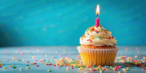 A single candle on a colorful birthday cupcake with sprinkles and a small amount of frosting, single flame