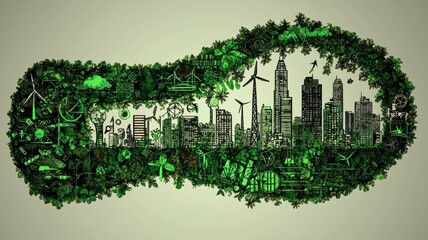 Obraz premium A green cityscape emerging from a stylized footprint.