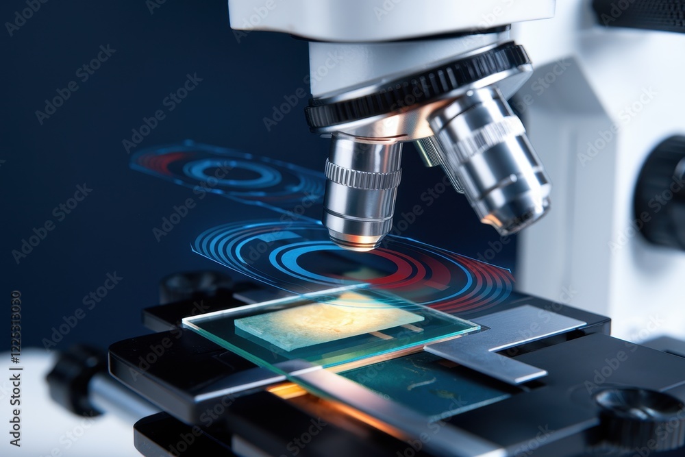 Poster microscope analyzing sample with advanced technology