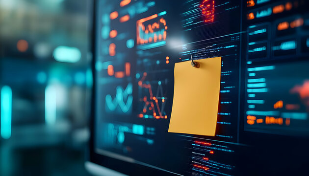 Close-up of a computer screen with digital graphs and a sticky note for reminders in a modern workspace.