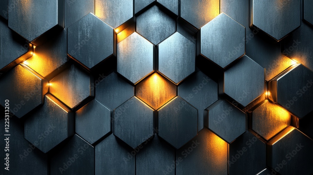 Poster a striking pattern of metallic hexagons illuminated by soft glowing elements creates a unique modern