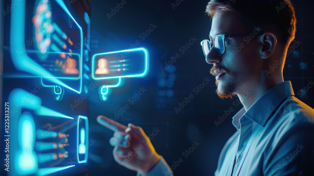 Poster man interacts with futuristic digital interface, pointing glowing holographic screens displaying use