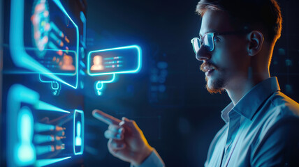 man interacts with futuristic digital interface, pointing glowing holographic screens displaying user profiles and data. scene is illuminated by blue neon lights, suggesting high tech environment