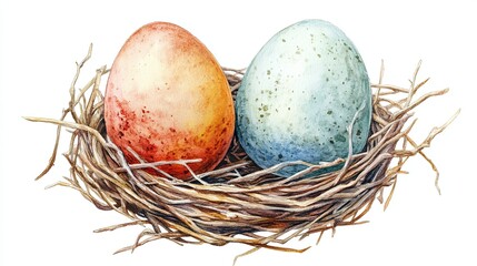 Obraz premium Watercolor nest with colorful eggs