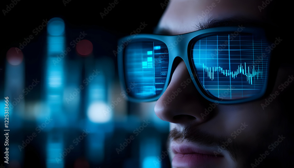Poster close-up of a person wearing smart glasses displaying digital data and analytics at night, symbolizi