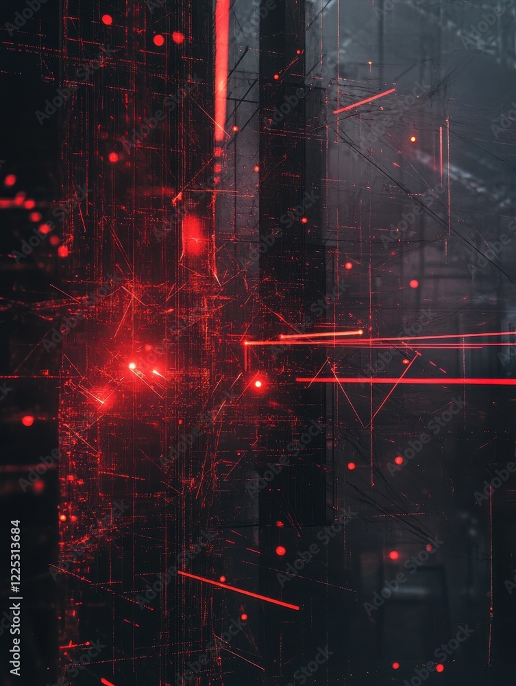 Poster an abstract representation of ransomware attacks, with ominous digital shadows looming over a vulner