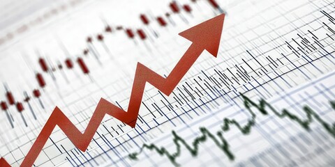 An arrow pointing upwards over a stock chart.