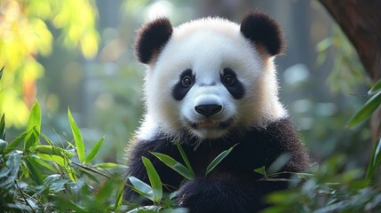 Obraz premium A curious giant panda amidst lush greenery glancing playfully while holding bamboo, capturing the essence of wildlife in natural habitat