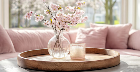A cozy interior scene with the focal point of a round wooden tray holding a clear glass vase and a small glass container with candles