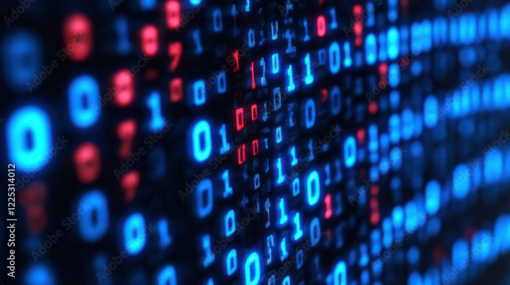 Poster abstract digital binary code background: blue and red ones and zeros