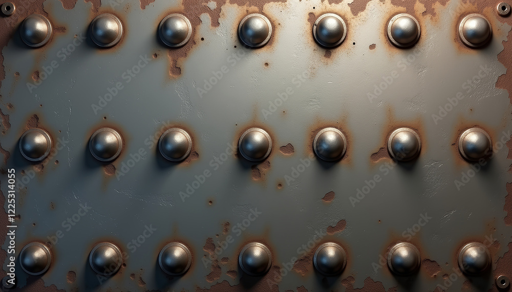 Poster metallic plate with rivets featuring a weathered and rusty surface