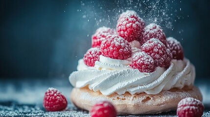 Raspberry Pavlova Dessert, Whipped Cream, Powdered Sugar, Dark Background, Food Photography