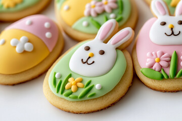 Top view of Easter cookies decorated with pastel icing - Ideal for holiday celebrations and bakery promotions