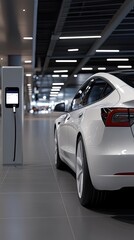 Fototapeta premium Electric vehicle charges in a spacious underground garage. The environment fosters green energy initiatives with numerous cars in view