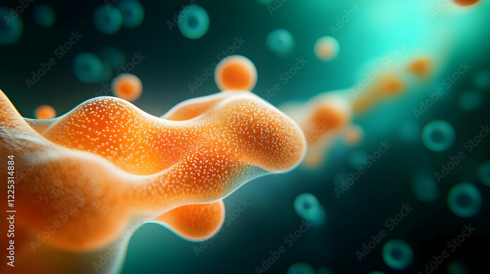 Poster close-up view of vibrant cellular structures showcasing intricate details and vivid colors in a micr