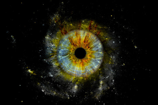 Close up of eye iris on black background, macro, photography	
