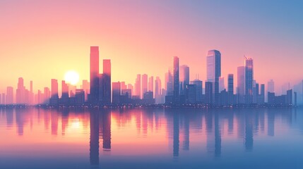 Obraz premium Stunning skyline at sunset with reflections.
