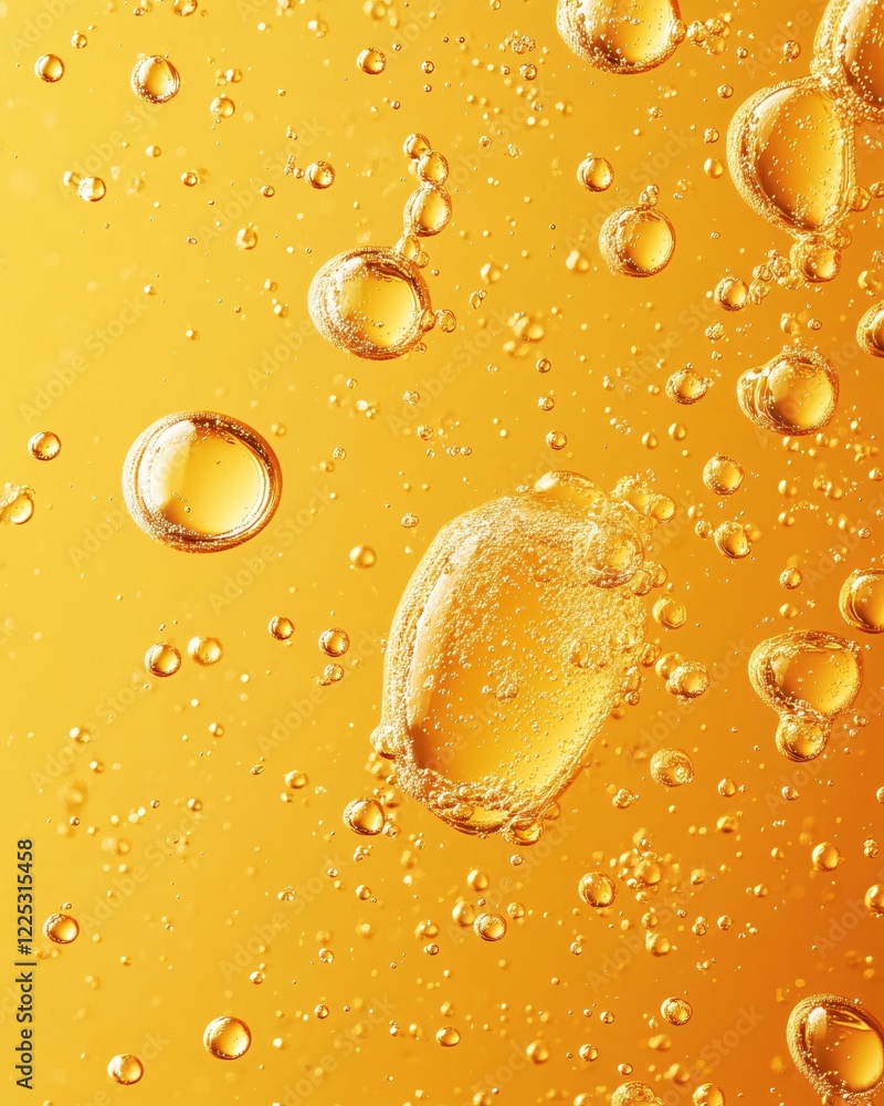 Poster golden liquid with many bubbles floating in a viscous fluid creating a textured pattern