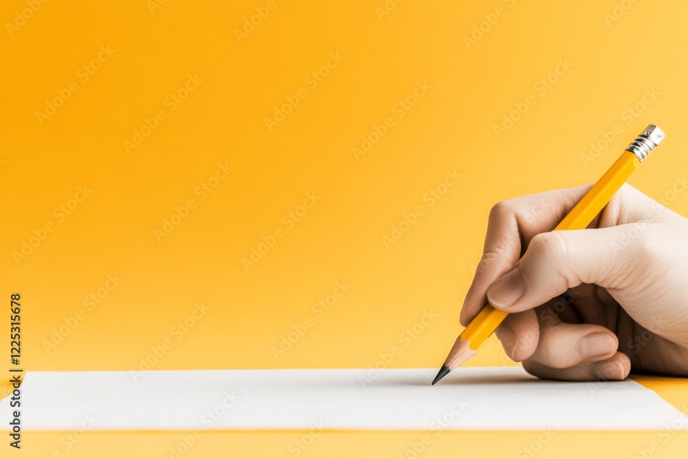 Poster a flat design of a hand holding a quivering pencil above a blank paper, with soft gradients highligh