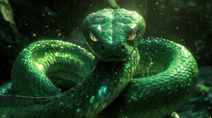 Fototapeta premium A Mesmerizing Emerald Green Snake, Coiled And Watchful, Glows With An Ethereal Luminescence In A Dark, Mystical Forest. Its Scales Shimmer, And Tiny Sparks Dance In The Air.