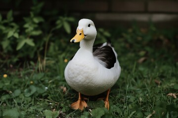 Cute duck standing on green grass in a backyard during sunny daytime, surrounded by plants and flowers