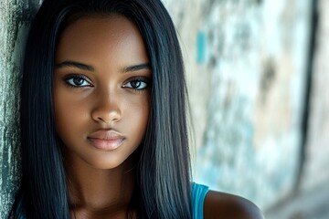 Obraz premium Commercial marketing visual idea. Lovely calm black girl - for ads, way poster and online marketing use. Long coiffure - straight hair. Black model glamour. Black elegance. African beauty.