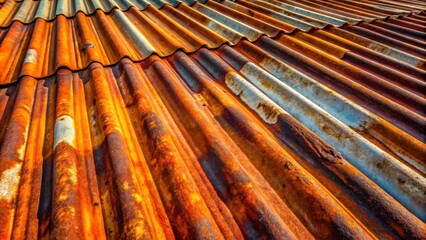 Rustic corrugated metal roofing texture, showing vibrant orange and brown rust patterns with streaks of faded gray, a compelling image of weathered industrial material