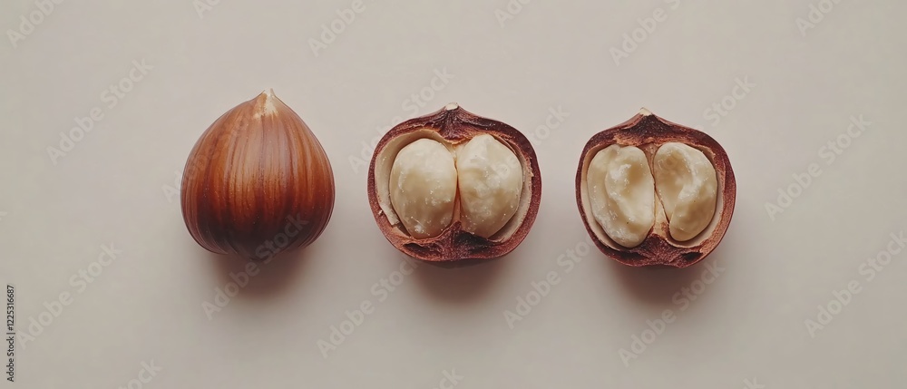 Poster three nuts in a row one whole and two cut open showing the white interior on a light background