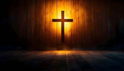 Naklejka premium Dramatic lighting illuminates a wooden cross against a rustic background, symbolizing faith and spirituality.