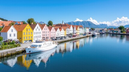 Fototapeta premium Colorful houses line a Norwegian harbor, mountains in background, sunny day, travel postcard