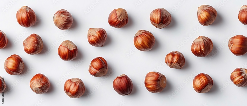 Poster Many hazelnuts arranged on a white surface in a pattern of rows and columns forming a background