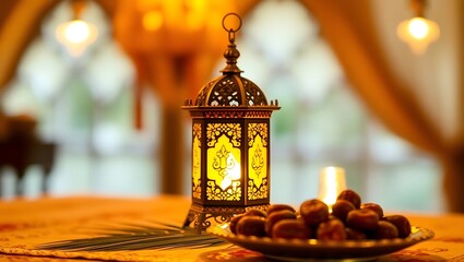 Illuminated lantern with dates and nuts on wooden table at dusk. Family gathering and eat together
 Family iftar meal in Ramadan Pictures of iftar food