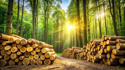 Sunlit Forest Path Flanked by Stacks of Harvested Timber Logs