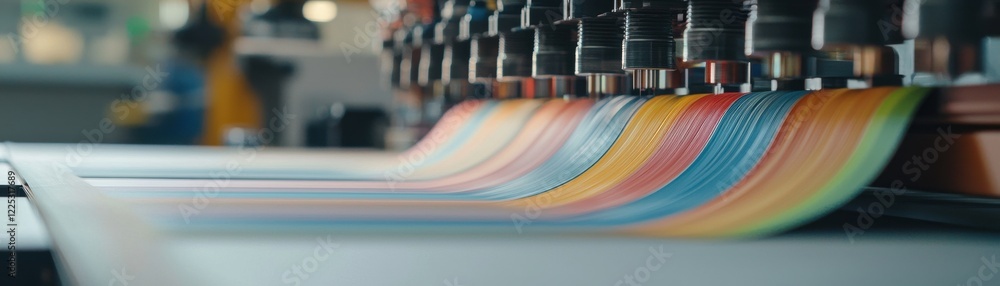 Poster close-up of a printing machine producing colorful sheets.
