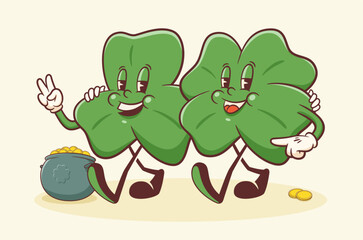 Saint Patrick Day Groovy Shamrocks, Pot and Gold Coins Retro Characters. Cartoon Irish Spring Holiday Personage Illustration. Vector Celtic Mascot Template Background. Vintage Trefoil Drawing Isolated