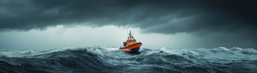 A rescue boat navigating through stormy sea waves and dark clouds.