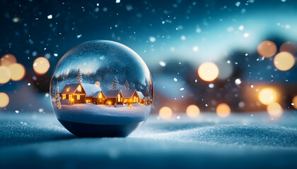 Fototapeta premium Enchanting snow globe capturing a serene winter scene with cozy homes surrounded by soft, falling snowflakes.