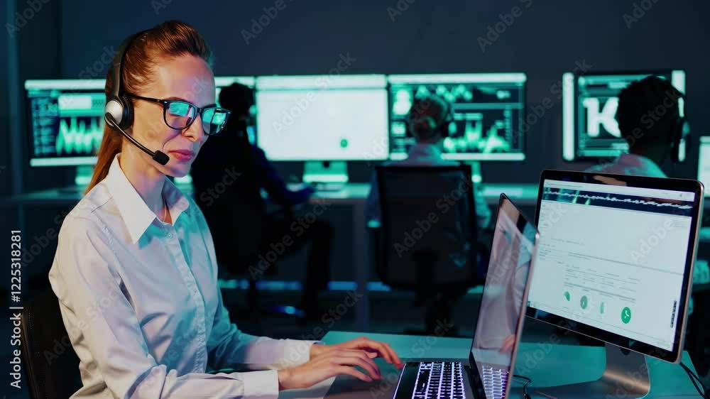 Poster support professionals assist clients remotely from a modern office environment in the evening hours