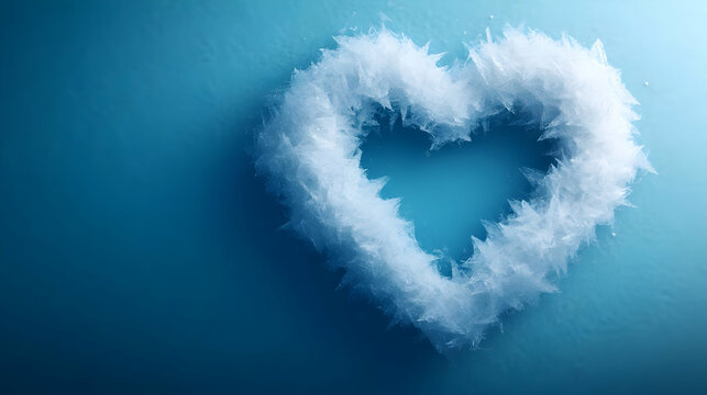 Fluffy white heart shape against a serene blue background, symbolizing love and softness.