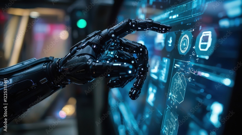 Poster futuristic robotic hand interacting with digital interface in sleek sci fi environment