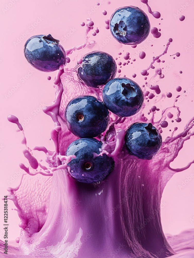 Aufkleber blueberries splashing in pink liquid on a light pink background creating a dynamic composition