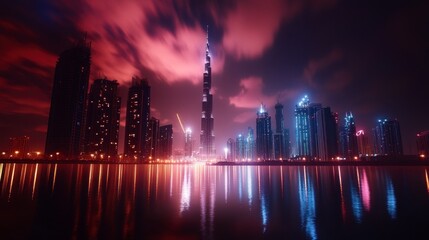 Fototapeta premium Vibrant city skyline illuminated by abstract light patterns, dynamic colors swirling in a captivating urban night scene.