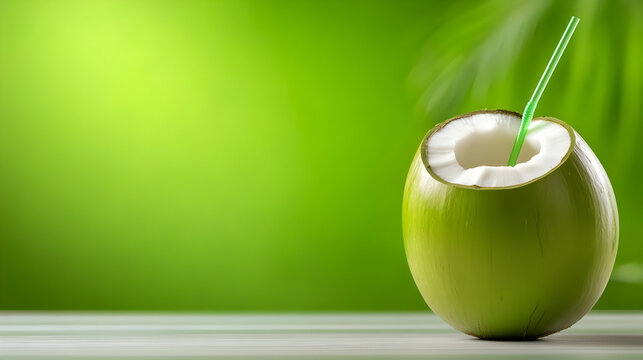 Fresh coconut water in a green coconut with a straw, set against a vibrant green background.