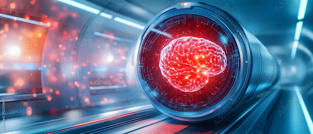 Poster futuristic depiction of a glowing brain in a high-tech environment, representing advanced technology