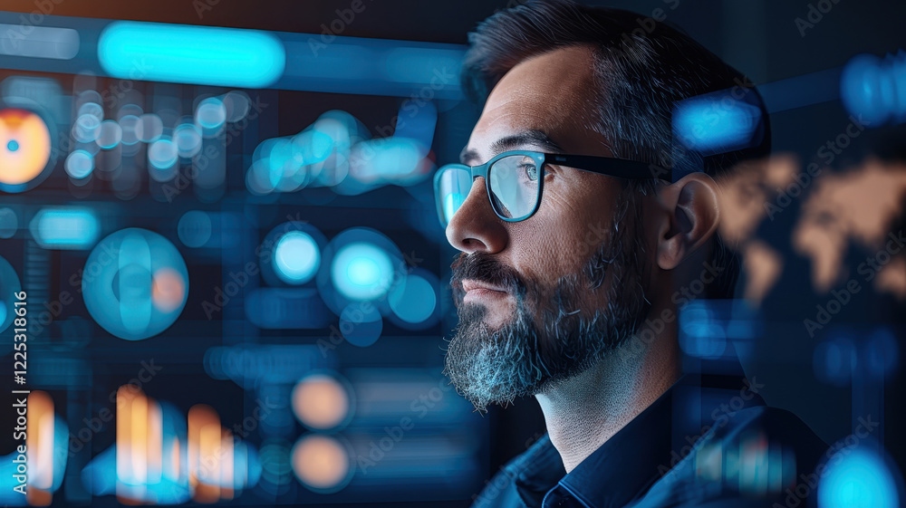 Poster man with glasses analyzes digital data on futuristic screens, focusing intently on charts and graphs